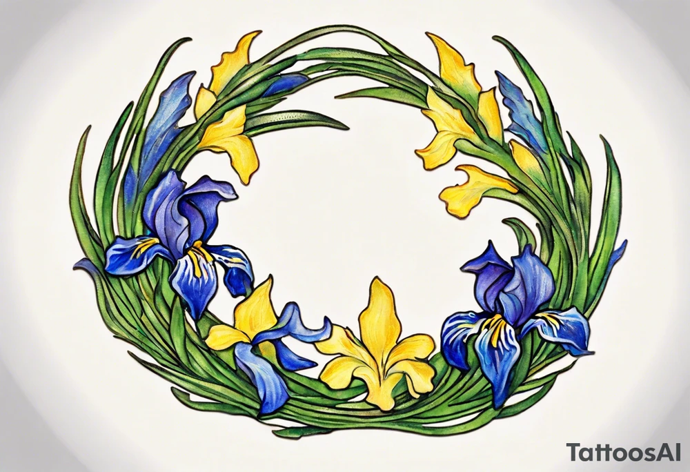 Create a small colorful Vincent van Gogh Irises tattoo in the form of a crescent, with vines or Celtic knots gracefully intertwining at a central point in the middle of the wreath.  In the middle of the wreath are mountains and other items found in New Mexico. Ensure that the design avoids the appearance of a bush and maintains a more structured and deliberate arrangement. The intended placement is on the upper chest. The overall design should be small in size while maintaining a delicate and artistic aesthetic. Pay attention to the graceful flow of the vines and the placement of the irises to achieve a refined and elegant look. tattoo idea