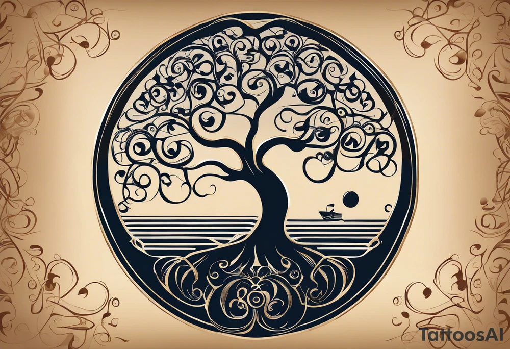 A tattoo design that incorporates the following elements: an abstract tree of life that has roots emerging  from the ground. Waves of water encapsulate the tree and wind around it in an organic way.  Incorporate music.   the letters U and A are overlapping and engraved into the tree. The game of golf incorporated but not prominent. tattoo idea