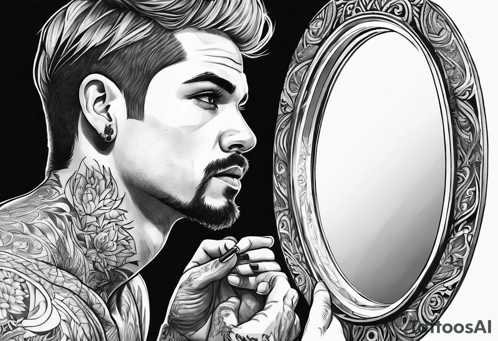Transgender man looking in mirror, tattoo idea
