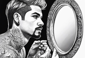 Transgender man looking in mirror, tattoo idea
