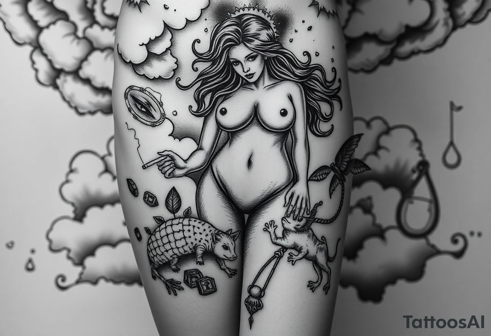 Storm clouds with a big fat naked sexy woman and money and cigarette  and coins and mirror and  naked couple sex with pig and peacock , frog, lamb and lightening lust gluttony envy greed wrath pride  sloth and noose darkness gothic tattoo idea