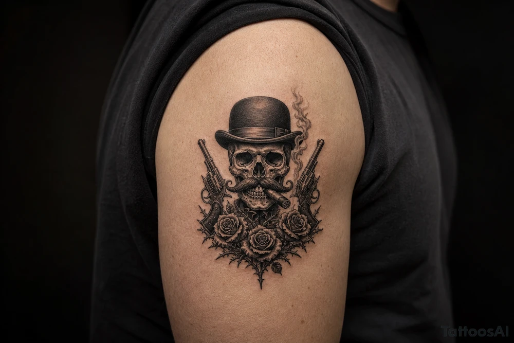 Gothic skull in bowler hat, handlebar mustache, holding smoking cigar, antique revolvers at sides, thorny roses. tattoo idea