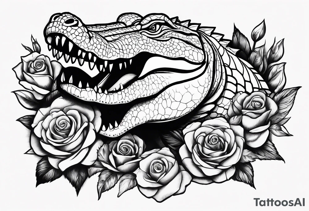 Arm sleeve pistols alligators roses tattoo idea