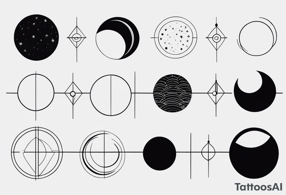 Strip of Moon phases in horizontal line, floral tattoo idea