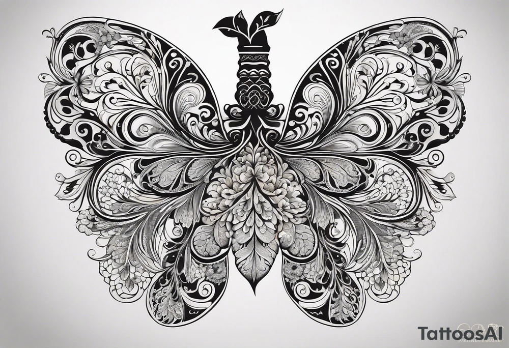 intricate and artistic arrangement of flowers and ornamental patterns that come together to form the shape of human lungs. The design should have a balance of delicacy and detail, with vibrant floral elements seamlessly intertwining to mimic the structure of the lungs, including the bronchi branching into floral motifs. Incorporate subtle shading and depth to give the tattoo a dynamic and organic feel, while maintaining elegance and symmetry, embraced by an octopus and butterflies flying around tattoo idea