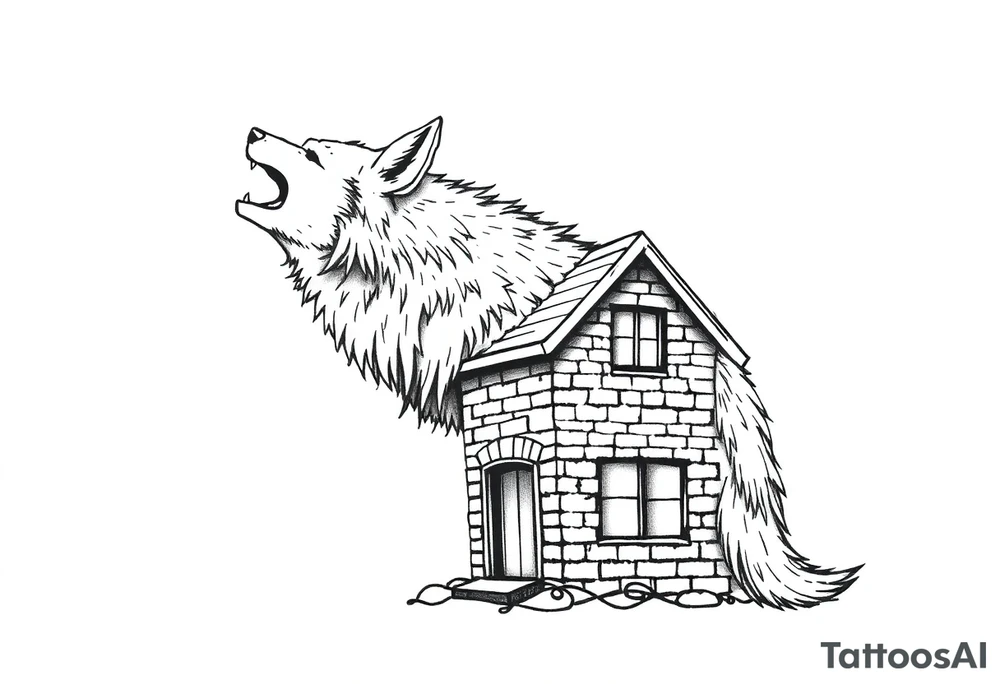 Big  wolf  blowing down   a brick house tattoo idea