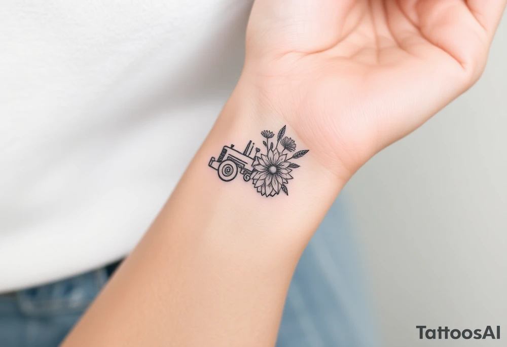 A bracelet that includes a very small tractor and bouquet flowers tattoo idea