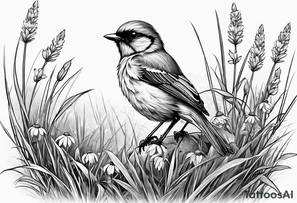 little bird perched on tall grass in a daisy tattoo idea