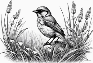 little bird perched on tall grass in a daisy tattoo idea