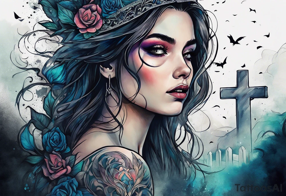 Woman with a tear running down her face walking out of a graveyard  leaving her old terrifying, scary, violent past behind her ethereal and mysterious tattoo idea