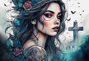 Woman with a tear running down her face walking out of a graveyard  leaving her old terrifying, scary, violent past behind her ethereal and mysterious tattoo idea