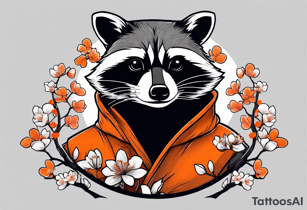 Raccoon wearing a white Superman logo on a black hoodie and orange Japanese cherry blossoms tattoo idea
