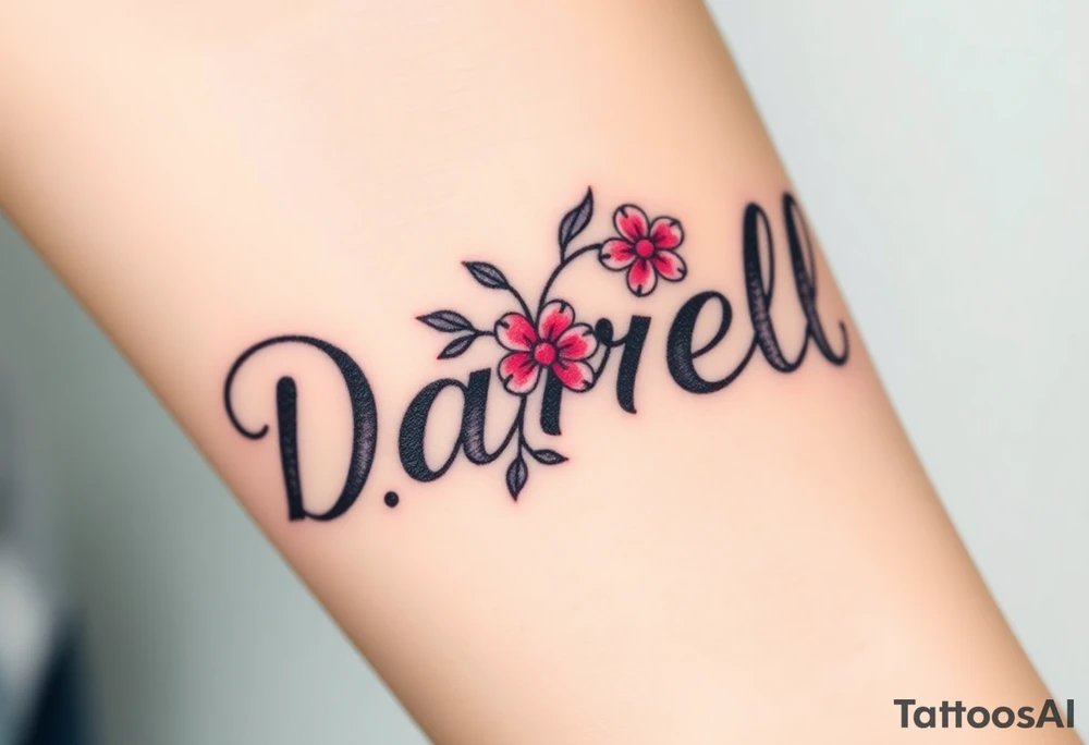neon colors, 1 inch font, "Darrell" with lots of whimsical background, add flowers tattoo idea