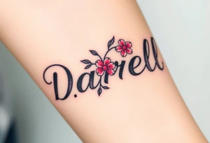 neon colors, 1 inch font, "Darrell" with lots of whimsical background, add flowers tattoo idea