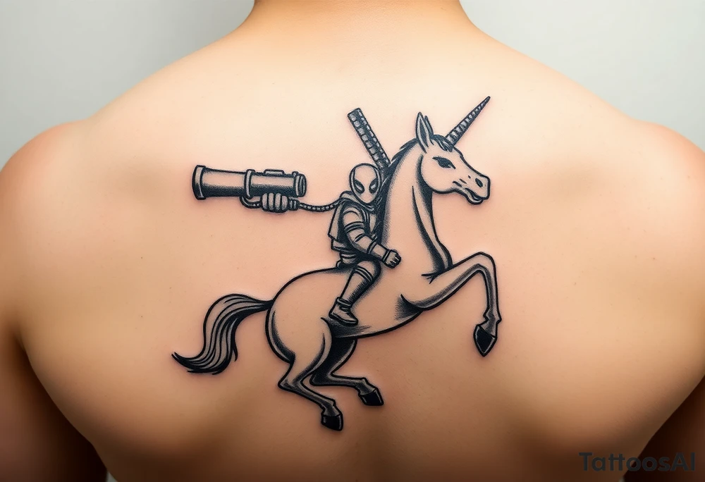 Deadpool riding unicorn pointing rocket propelled grenade launcher tattoo idea