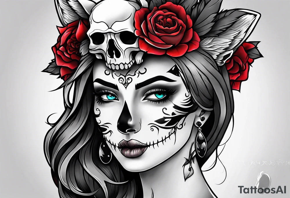 Neo traditional wolf skull on woman’s head tattoo idea