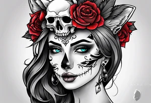 Neo traditional wolf skull on woman’s head tattoo idea