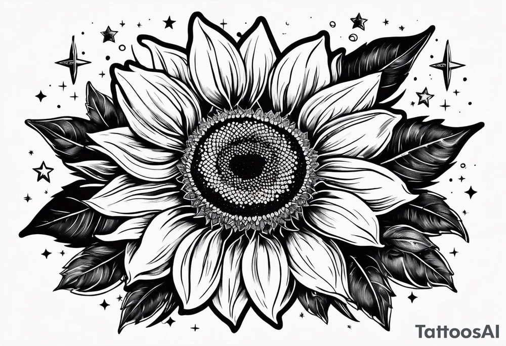 sunflower surrounded with little stars, tree and arrow tattoo idea