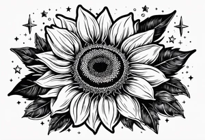 sunflower surrounded with little stars, tree and arrow tattoo idea