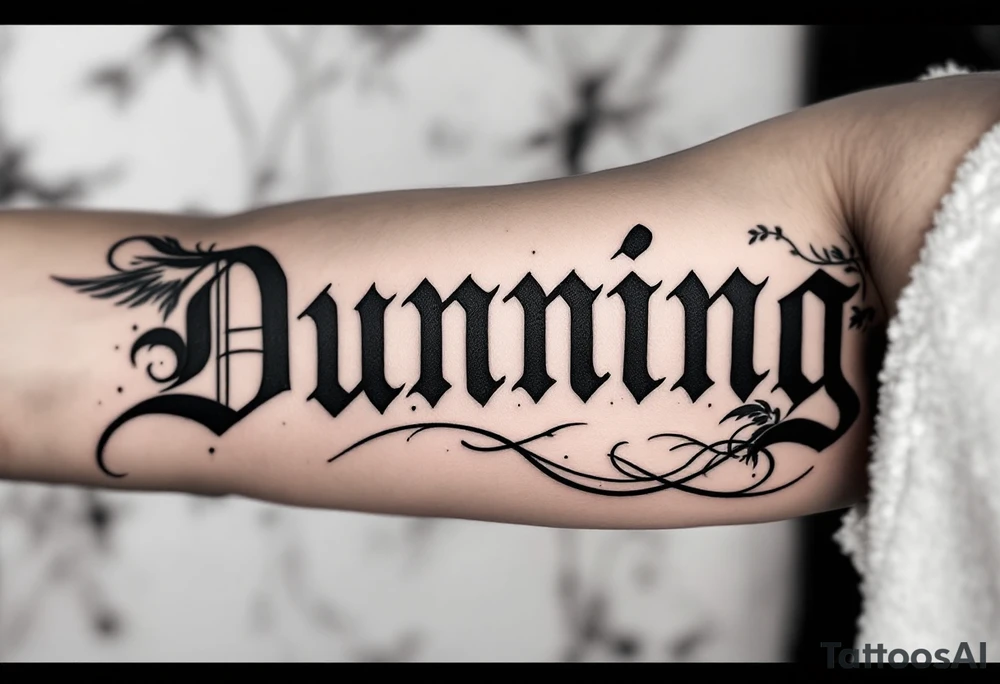 Dunning,on left arm details include angel wing, greek type of font,jungle leaves , tiger claw scratch tattoo idea