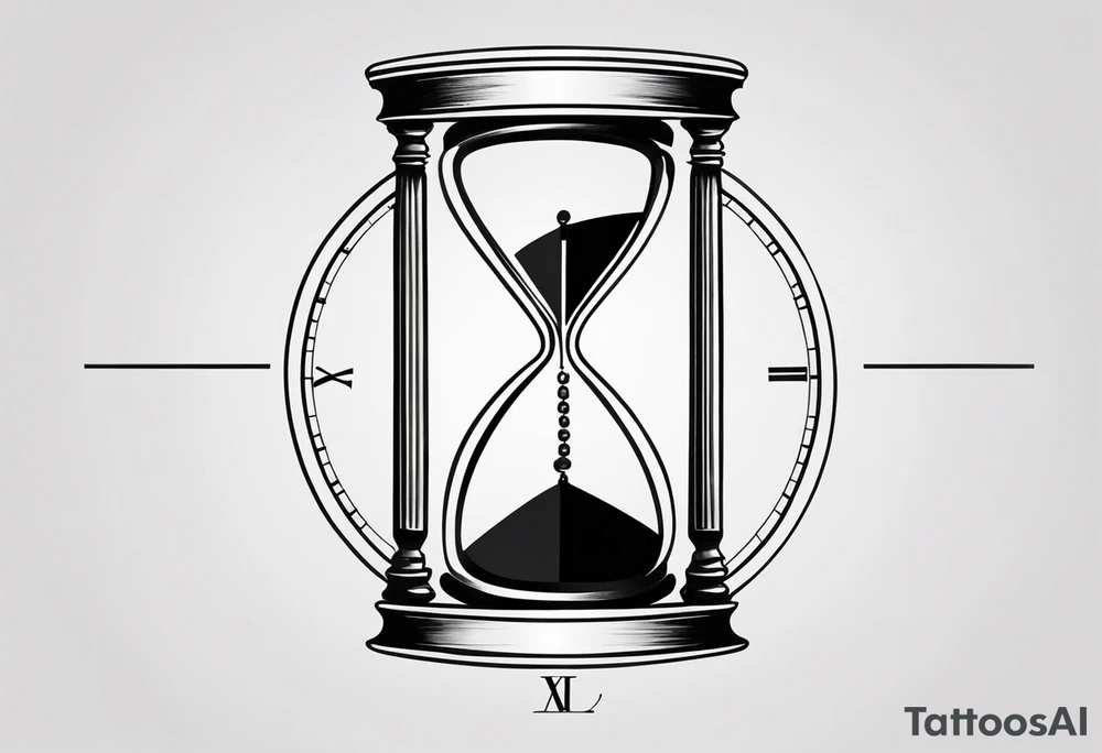 draw a clock/hourglass. They are surrounded by Roman numerals. It is a black and white tattoo for the right shoulder of a man tattoo idea