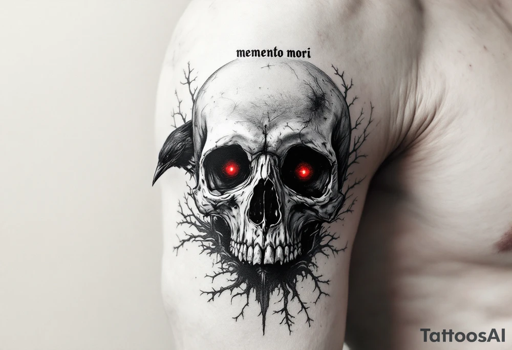 A dark gray raven perched on a human skull with deep red eyes, "memento mori" in handwritten blackletter across the top. tattoo idea