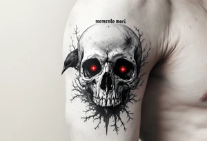 A dark gray raven perched on a human skull with deep red eyes, "memento mori" in handwritten blackletter across the top. tattoo idea