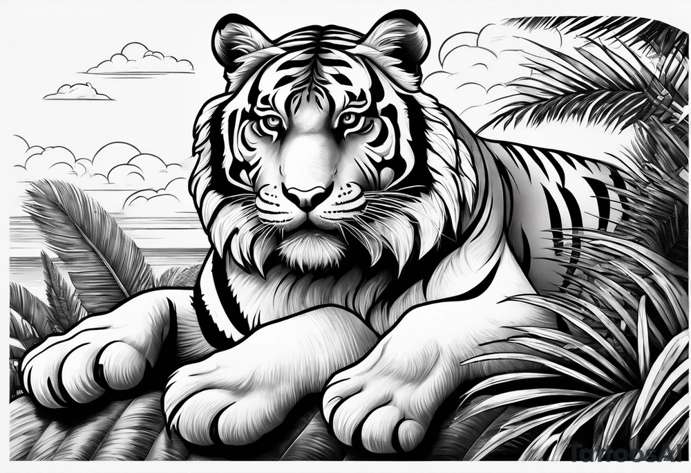 tiger laying on palm tree tattoo idea