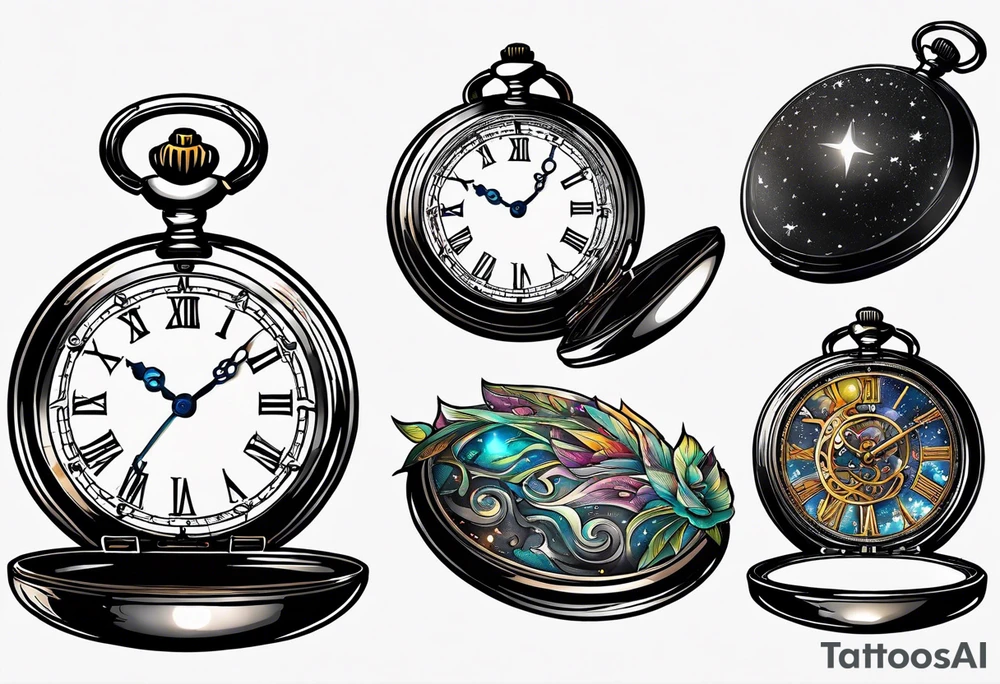broken pocket watch galaxy tattoo idea