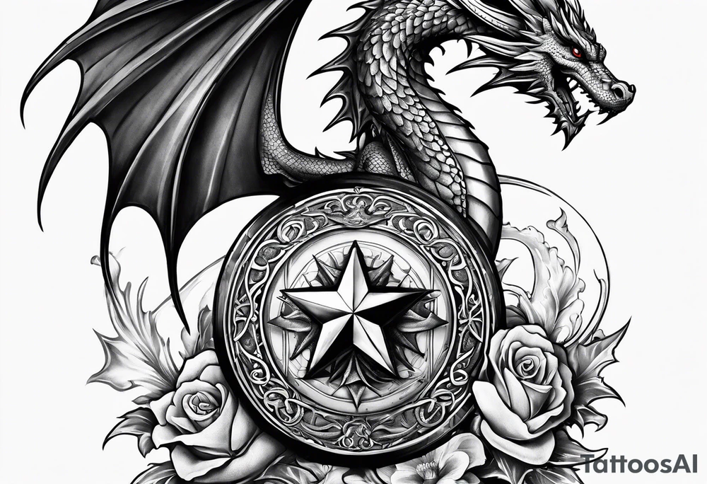 Welsh dragon holding a texas star as a shield tattoo idea