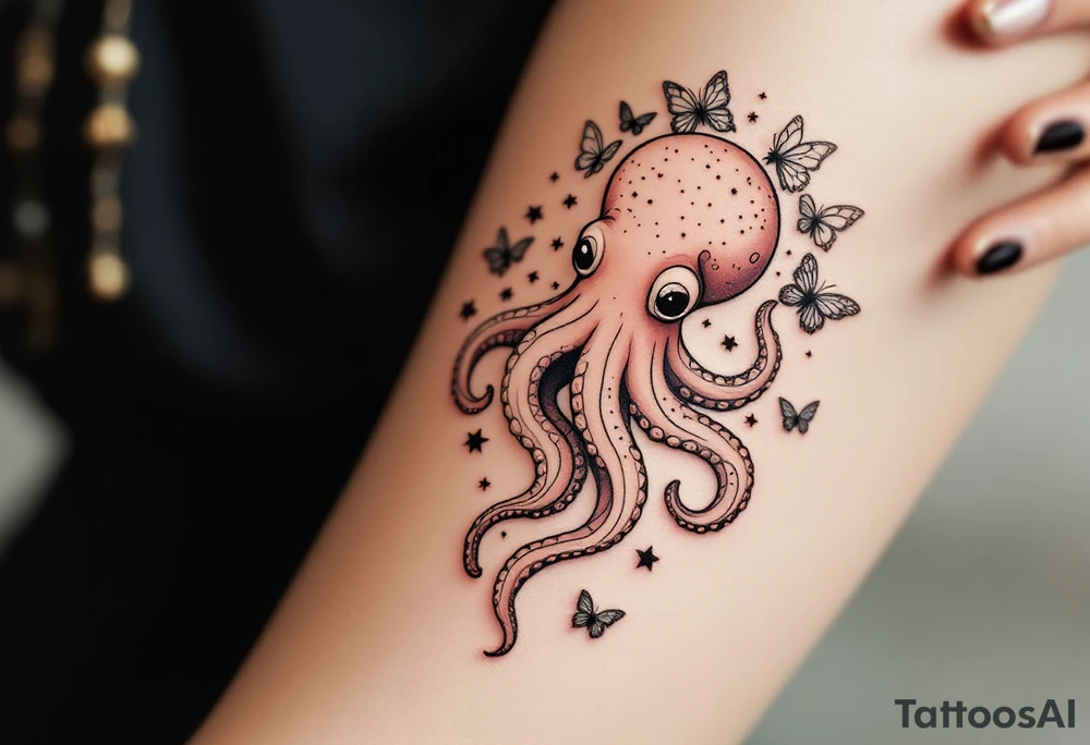 cute octopus, friendly, surrounded by butterflies and oceanic items, brown ink tattoo idea