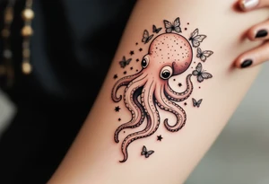 cute octopus, friendly, surrounded by butterflies and oceanic items, brown ink tattoo idea