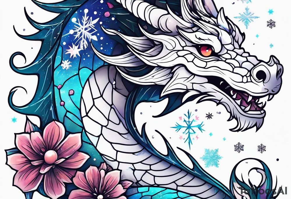 Constellation, kawaii dragon, snowflake tattoo idea