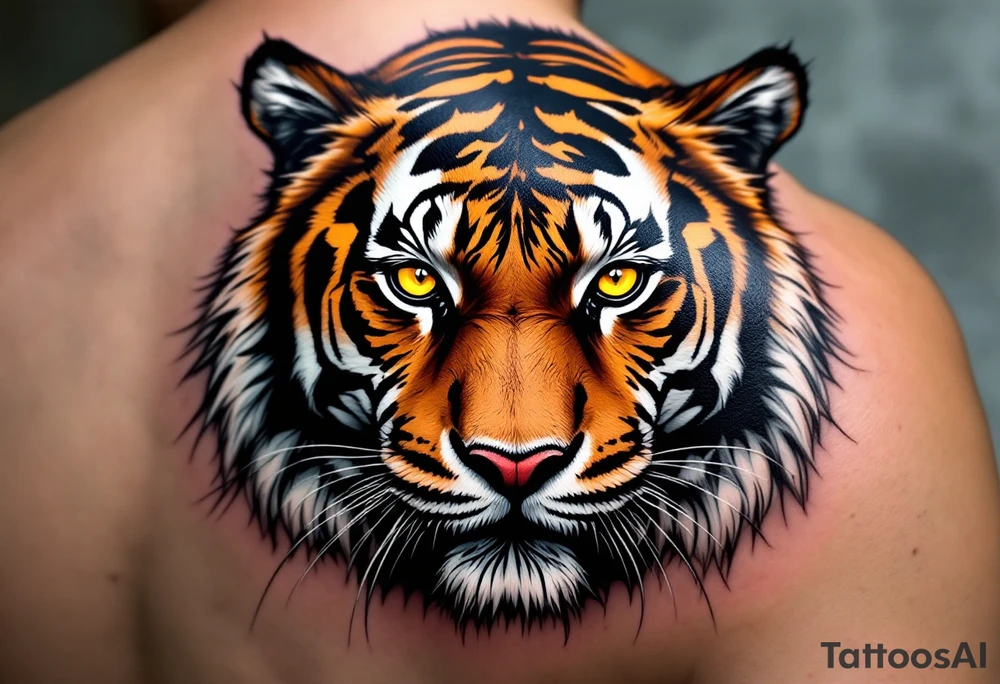 A tiger with piercing yellow eyes, fur detailed in deep orange, white, and jet black stripes include shadows as well tattoo idea