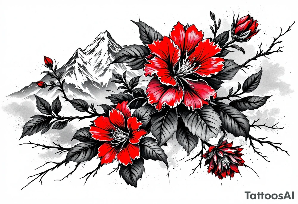 vertical wrist size red  and black rhododendron trippy with Himalayas behind tattoo idea