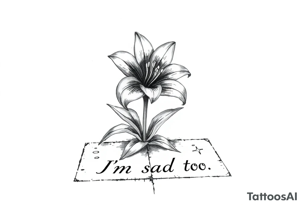 Lily growing out of tile floor with the words I’m sad too written small in the grout between two tiles tattoo idea