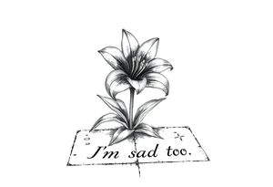 Lily growing out of tile floor with the words I’m sad too written small in the grout between two tiles tattoo idea