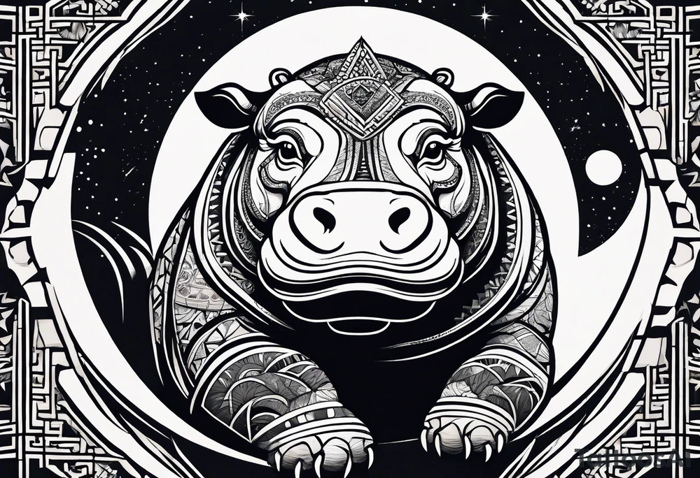 Asymmetrical, geometric, chinese ink art touch, hippo , full moon, tribal, orientation portrait tattoo idea