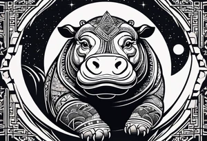 Asymmetrical, geometric, chinese ink art touch, hippo , full moon, tribal, orientation portrait tattoo idea