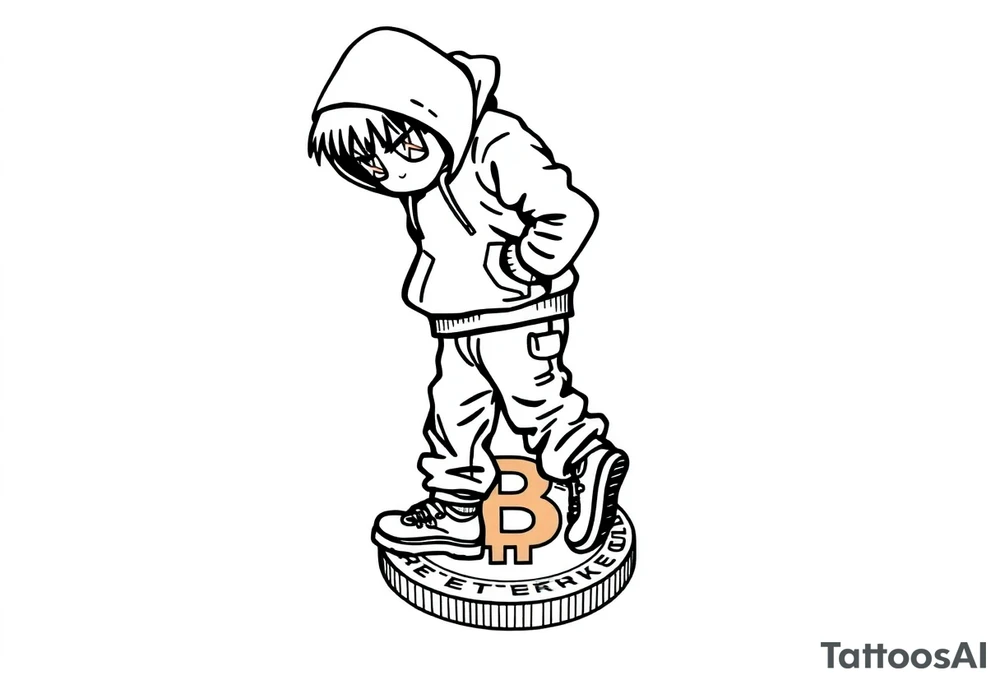 Create a custom neck tattoo stencil Use a street-art / pop-art vibe (cartoon figures, bold lines, “x” for eyes). Have the main character stepping on a bitcoin, make them have on a hoodie and jogger sweatpants tattoo idea
