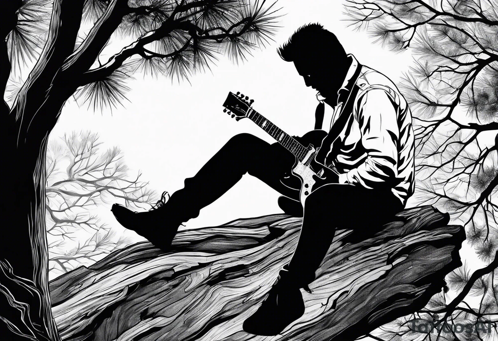 silhouette of a man sitting in a pine tree playing electric guitar tattoo idea