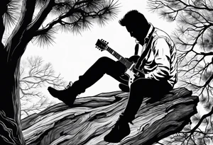 silhouette of a man sitting in a pine tree playing electric guitar tattoo idea