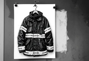 A firefighter’s turnout gear hanging on a wall, with realistic fabric textures in dark navy, contrasted by bright reflective stripes. tattoo idea