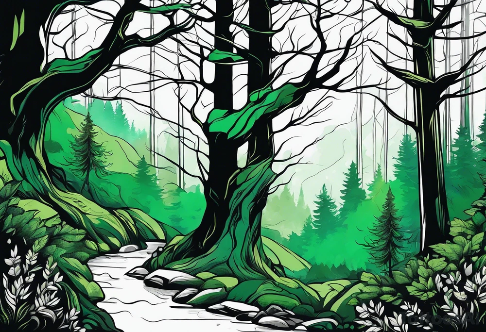 forest, green and black, no people tattoo idea