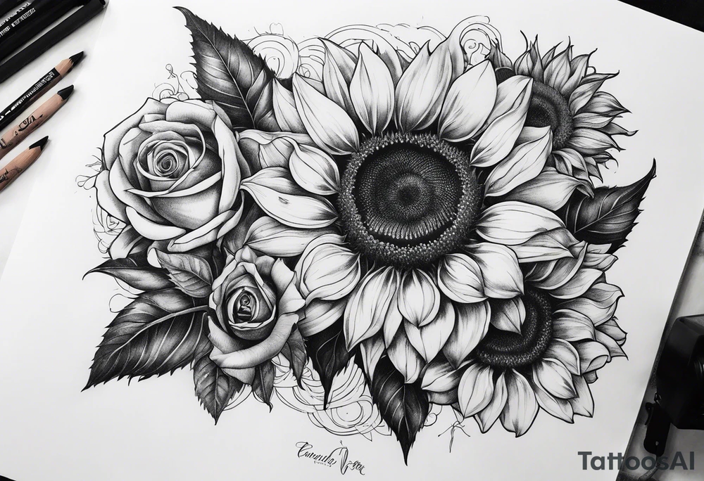 sunflower, camera, flower rose , book tattoo idea