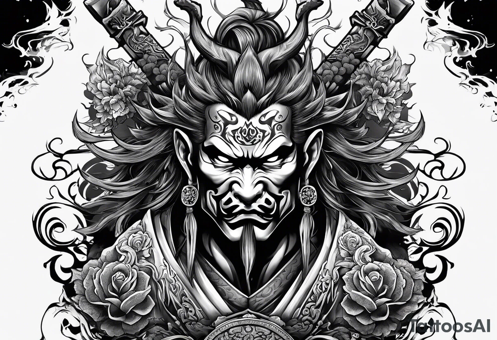 Asian tattoo back design yakuza demon zombie warrior swords tattoo idea