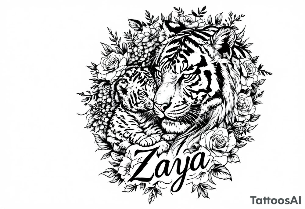 Beautiful, strong and fierce adult female tiger and her cub surrounded by roses and flowers with my daughters name “Zaya” half a sleeve on my arm tattoo idea