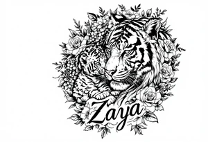 Beautiful, strong and fierce adult female tiger and her cub surrounded by roses and flowers with my daughters name “Zaya” half a sleeve on my arm tattoo idea