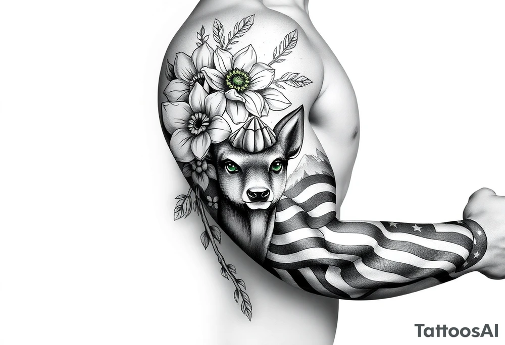 vintage bouquet of flowers , deer prints, river flower through a mountain with green eyes in it American flag wrapped around arm vintage car parts incorporated tattoo idea