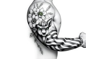 vintage bouquet of flowers , deer prints, river flower through a mountain with green eyes in it American flag wrapped around arm vintage car parts incorporated tattoo idea